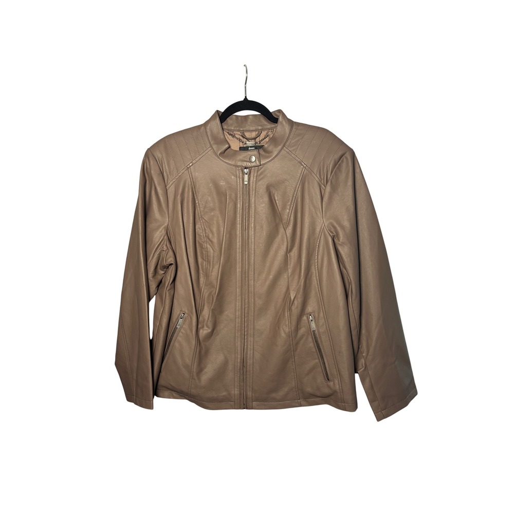 Dennis Basso Womens Faux Leather Moto Jacket 2X Taupe Quilted Biker Chic